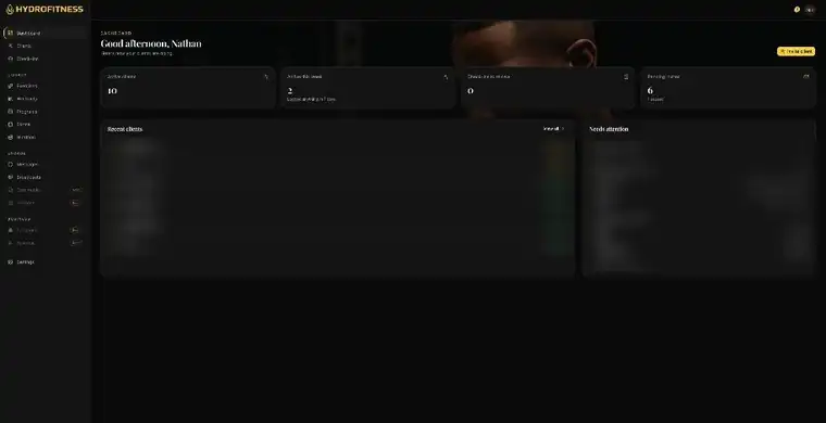 Fitness coaching app dashboard with client names blurred
